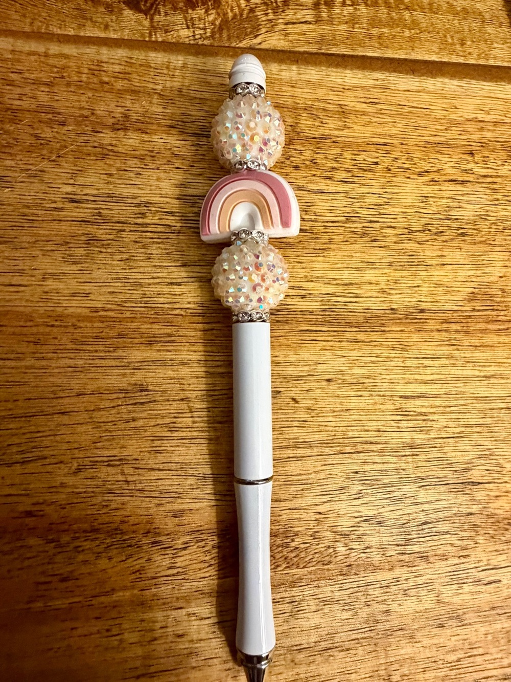 White Pen with Pink Rainbow & Iridescent Beads